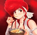  1girl 80s commentary dirty_pair earrings eating food headband jewelry kei_(dirty_pair) lafolie looking_at_viewer noodles oldschool redhead short_hair soba solo 
