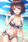  1girl beach bikini blue_sky breasts brown_eyes brown_hair cleavage clouds collarbone day front-tie_top highres horizon katou_megumi looking_at_viewer medium_breasts mountain navel open_mouth outdoors saenai_heroine_no_sodatekata short_hair side-tie_bikini sky smile solo striped striped_bikini swimsuit upper_teeth user_wye9686 