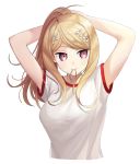  1girl ahoge akamatsu_kaede arms_behind_head bangs bare_arms blonde_hair breasts commentary dangan_ronpa dot_nose eighth_note eyebrows_visible_through_hair hair_ornament in_mouth large_breasts long_hair looking_to_the_side musical_note musical_note_hair_ornament new_dangan_ronpa_v3 pink_eyes ponytail shirt short_sleeves simple_background solo sportswear ssumbi upper_body violet_eyes white_background white_shirt 