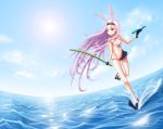  1girl absurdres animal_ears asymmetrical_clothes asymmetrical_legwear azur_lane bare_shoulders breasts cleavage_cutout clouds dated english_text groin hairband highres long_hair navel ocean pink_hair rabbit_ears shimakaze_(azur_lane) skirt small_breasts solo swimsuit uranophane water water_gun yellow_eyes 