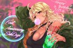  1girl ahoge amaryllis_gumi anniversary bendy_straw black_tank_top blonde_hair blurry blurry_background breasts brown_eyes bubble_blowing character_name chewing_gum choker cleavage coat collarbone commentary cup cursive dark_skin dated disposable_cup drink drinking_straw earrings eyes_visible_through_hair fingernails green_coat gyaru hair_ornament hair_over_one_eye hairclip hand_behind_head happy_birthday head_tilt heart highres jewelry large_breasts long_fingernails long_hair looking_at_viewer melon_soda messy_hair nail_polish open_clothes open_coat ouga_saki pink_background red_eyes red_nails solo star star_earrings tank_top tdnd-96 unzipped upper_body virtual_youtuber zipper 