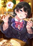  absurdres black_hair blazer blush bow braid cheese_trail commentary_request eating food hair_ornament hairclip half_updo heart highres jacket long_hair nijisanji one_eye_closed pizza spoken_heart tdnd-96 teeth tsukino_mito virtual_youtuber 