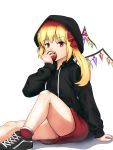  1girl absurdres alternate_costume apple arm_at_side arm_up ately black_footwear black_hoodie blonde_hair bobby_socks bow eating eyebrows_visible_through_hair flandre_scarlet food foot_out_of_frame fruit hair_bow highres holding holding_food holding_fruit knee_up long_sleeves outstretched_leg red_eyes red_skirt shadow shoes short_hair side_ponytail simple_background sitting skirt sneakers socks solo thick_eyebrows touhou white_background wings 