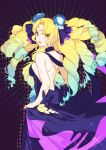  1girl astraea_(fate/grand_order) backless_dress backless_outfit blonde_hair blue_hair bow chirlley dress drill_hair fate/grand_order fate_(series) flower from_behind gradient_hair highres long_hair looking_at_viewer luviagelita_edelfelt multicolored_hair sparkle very_long_hair yellow_eyes 