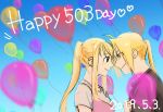  1boy 1girl 2019 ahoge balloon bangs black_shirt blonde_hair blue_sky blurry blurry_foreground commentary couple dated day depth_of_field ear_piercing earrings edward_elric english_commentary english_text eye_contact eyebrows_visible_through_hair eyes_visible_through_hair forehead-to-forehead fullmetal_alchemist happy hetero highres jewelry long_hair looking_at_another no_503ank number outdoors piercing pink_shirt ponytail profile see-through shirt sky sleeveless sleeveless_shirt smile text_focus white_shirt winry_rockbell yellow_eyes 