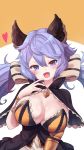  1girl :d animal_ears bangs black_capelet blush breasts capelet cleavage eyebrows_visible_through_hair fang frilled_capelet frills granblue_fantasy hair_between_eyes hair_ribbon hand_up heart highres large_breasts long_hair looking_at_viewer low_twintails open_mouth purple_hair rayno ribbon satyr_(granblue_fantasy) simple_background smile solo twintails upper_body very_long_hair 