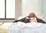  2girls ^_^ bed blush breasts brown_hair cleavage closed_eyes closed_eyes girls_und_panzer hand_in_another&#039;s_hair lying medium_breasts multiple_girls mutsu_(layergreen) nishizumi_maho nishizumi_miho on_stomach pillow short_hair siblings sisters smile the_pose under_covers window 