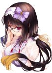  1girl bangs black-framed_eyewear black_hair blonde_hair blunt_bangs blush bow bra breasts center_frills closed_mouth commentary_request cropped_torso eyebrows_visible_through_hair fate/grand_order fate_(series) frilled_shirt frills glasses gradient_hair hairband highres long_hair long_sleeves looking_at_viewer low_twintails medium_breasts multicolored_hair osakabe-hime_(fate/grand_order) pink_eyes purple_bow see-through shirt signature simple_background solo twintails two-tone_hairband underwear upper_body utayoi_(umakatare) white_background white_bra 