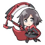  1girl :o absurdres bangs black_dress blush cape chibi commentary commentary_request crescent_rose dress grey_eyes grey_eyes highres holding holding_weapon kanocchi red_cape ruby_rose rwby short_dress short_hair solo weapon 
