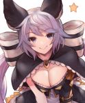  1girl :d animal_ears black_capelet blush bow breasts capelet cleavage closed_mouth granblue_fantasy hair_ribbon highres koretsuki_azuma large_breasts long_hair looking_at_viewer low_twintails open_mouth purple_hair ribbon satyr_(granblue_fantasy) simple_background smile solo star twintails upper_body very_long_hair violet_eyes white_background white_bow white_ribbon 