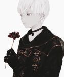  1boy bangs collar flower highres holding holding_flower male_focus nier_(series) nier_automata red_flower shirone_(coxo_ii) short_hair silver_hair simple_background solo upper_body white_background white_eyes yorha_no._9_type_s 