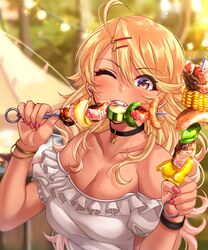  1girl ahoge amaryllis_gumi blonde_hair blush bracelet breasts choker cleavage commentary_request dark_skin earrings eating food frilled_shirt frills hair_ornament hairclip highres jewelry kebab large_breasts long_hair nail_polish off-shoulder_shirt off_shoulder one_eye_closed ouga_saki red_eyes shirt skewer solo star star_choker star_earrings star_hair_ornament tdnd-96 teeth virtual_youtuber white_shirt 