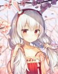  1girl animal_ears azur_lane bare_shoulders blurry blush bunching_hair cherry_blossoms closed_mouth collarbone depth_of_field fake_animal_ears flat_chest flower hairband hands_up highres japanese_clothes laffey_(azur_lane) lkjun_(jg010118) long_hair looking_at_viewer low_twintails off_shoulder petals pink_flower rabbit_ears red_eyes smile solo tree_branch twintails upper_body white_hair 