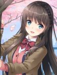  1girl :d blue_eyes blurry blurry_background blush bow bowtie braid brown_coat brown_hair coat collared_shirt crown_braid dress_shirt floating_hair highres long_hair long_sleeves looking_at_viewer open_mouth petals pink_cardigan red_bow red_neckwear school_uniform shiny shiny_hair shirt smile solo striped striped_bow striped_neckwear unasaka_ryou upper_body white_shirt wing_collar 
