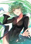  1girl absurdres black_dress blush breasts collarbone commentary_request curly_hair dress eyebrows_visible_through_hair floating_hair green_eyes green_hair gu_li highres looking_at_viewer navel one-punch_man short_hair small_breasts smile solo tatsumaki 