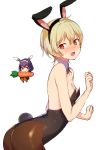  1girl :d absurdres animal_ears black_hairband black_leotard black_ribbon blonde_hair blush breasts brown_legwear bunny_tail bunnysuit cleavage collarbone detached_collar embarrassed fake_animal_ears from_side hair_between_eyes hairband harumi_hana highres ichihara_chiaki konbu_wakame leaning_forward leotard looking_at_viewer neck_ribbon open_mouth pantyhose purple_hair rabbit_ears red_eyes ribbon sekai_de_ichiban_oppai_ga_suki! short_hair sideboob simple_background small_breasts smile solo standing strapless strapless_leotard tail white_background white_hairband wing_collar 