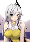  1girl bangs bare_arms bare_shoulders black_ribbon blue_eyes blush breasts bronya_zaychik bronya_zaychik_(cosplay) bronya_zaychik_(yamabuki_armor) bronya_zaychik_(yamabuki_armor)_(cosplay) cecilia_schariac clip_studio_paint closed_mouth commentary cosplay embarrassed english_commentary eyebrows_visible_through_hair eyes_visible_through_hair grey_hair hair_between_eyes hair_ribbon highres honkai_(series) honkai_impact_3rd impossible_clothes impossible_leotard large_breasts leotard long_hair looking_at_viewer ribbon sheita shiny shiny_clothes shiny_hair shiny_skin sidelocks smiley_face solo swept_bangs tears tsurime white_background yellow_leotard 