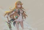  1girl armor bangs blonde_hair breasts cleavage_cutout covered_navel earrings gem headpiece mythra_(xenoblade) jewelry kiiro_kimi large_breasts long_hair looking_at_viewer nintendo red_shorts shorts shoulder_armor simple_background solo swept_bangs sword thigh_strap tiara weapon xenoblade_(series) xenoblade_2 yellow_eyes 