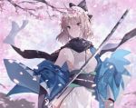  1girl ahoge armpits bangs bare_shoulders black_bow black_eyes black_scarf blonde_hair blurry bow cherry_blossoms commentary_request day depth_of_field eyebrows_visible_through_hair fate/grand_order fate_(series) hair_bow holding holding_sword holding_weapon japanese_clothes katana kimono koha-ace long_sleeves looking_at_viewer obi off_shoulder okita_souji_(fate) okita_souji_(fate)_(all) outdoors parted_lips petals sarashi sash scarf short_ponytail solo spring_(season) sword upper_body weapon white_kimono wide_sleeves yurumawari 