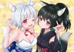  2girls ;d absurdres animal_ear_fluff animal_ears bare_shoulders black_hair black_kimono black_sleeves blue_eyes blush breasts character_request detached_sleeves fang fox_ears fox_tail genderswap genderswap_(mtf) gintama highres japanese_clothes kimono kuroneko_w1nter long_hair long_sleeves looking_at_viewer medium_breasts multiple_girls obi one_eye_closed open_mouth parted_lips print_kimono print_sleeves red_eyes ribbon-trimmed_sleeves ribbon_trim sash shiny shiny_hair short_hair silver_hair sleeveless sleeveless_kimono small_breasts smile standing strapless tail upper_body white_kimono yellow_background 