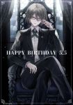  1boy @ artist_name black_jacket black_legwear blonde_hair blue_eyes commentary_request dangan_ronpa dangan_ronpa_1 dated eyebrows_visible_through_hair feet_out_of_frame formal frame glasses hair_between_eyes happy_birthday indoors jacket long_sleeves male_focus semi-rimless_eyewear shirt short_hair sitting solo suit togami_byakuya under-rim_eyewear white_shirt z-epto_(chat-noir86) 