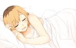  1girl :d bed_sheet blonde_hair breasts brown_hair cleavage closed_eyes collarbone drooling eyebrows_visible_through_hair from_side lying miyamori_aoi multicolored_hair on_bed on_side open_mouth pillow shirobako shirt short_hair simple_background sketch sleeping sleeveless sleeveless_shirt small_breasts smile solo tahita1874 two-tone_hair under_covers white_background white_shirt 