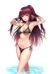  1girl absurdres alternate_hairstyle armpits bangs bikini black_bikini blush breasts cleavage eyebrows_visible_through_hair girls_frontline greem_bang hair_ribbon hands_in_hair highres large_breasts long_hair looking_at_viewer navel open_mouth ponytail purple_hair purple_ribbon red_eyes ribbon simple_background solo stomach swimsuit toned v-shaped_eyebrows very_long_hair wa2000_(girls_frontline) wading wet 