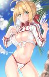  ahoge artoria_pendragon_(all) ass_visible_through_thighs bikini blonde_hair blue_sky board_game breasts cleavage clouds cloudy_sky commentary_request cosplay covered_nipples cowboy_shot eyebrows_visible_through_hair fate/extra fate_(series) front-tie_bikini front-tie_top go green_eyes hair_between_eyes hair_ribbon highres large_breasts mysterious_heroine_xx_(foreigner) mysterious_heroine_xx_(foreigner)_(cosplay) navel nero_claudius_(fate) nero_claudius_(fate)_(all) palm_tree panties parted_lips red_ribbon ribbon shignonpencil shrug sky swimsuit tree underwear 