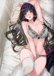  1girl between_legs black_hair blush bra breasts cleavage commentary_request grey_eyes hand_behind_head hand_between_legs large_breasts lingerie long_hair looking_at_viewer lying multicolored_hair navel on_back on_bed open_mouth original panties pillow ran&#039;ou_(tamago_no_kimi) single_thighhigh solo streaked_hair thigh-highs underwear 