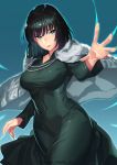  1girl bangs black_dress black_hair breasts closed_mouth covered_navel cowboy_shot dress fubuki_(one-punch_man) fur_coat green_dress green_eyes highres jacket jacket_on_shoulders jewelry kagematsuri long_sleeves looking_at_viewer medium_breasts necklace one-punch_man outstretched_arm parted_lips short_hair simple_background solo standing telekinesis twitter_username 