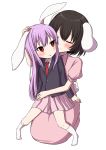  2girls :o alternate_height animal_ears arm_around_waist black_hair blush bright_pupils bunny_tail closed_eyes commentary_request dress dress_shirt eyebrows_visible_through_hair hair_between_eyes hand_on_another&#039;s_head high_collar highres inaba_tewi lavender_hair long_hair long_sleeves looking_at_another looking_back motherly multiple_girls necktie no_shoes pink_dress pink_skirt pleated_skirt puffy_short_sleeves puffy_sleeves rabbit_ears red_eyes red_neckwear reisen_udongein_inaba shirt short_hair short_sleeves simple_background sitting sitting_on_lap sitting_on_person skirt smile suit_jacket tail touhou tsukimirin very_long_hair white_background white_legwear white_pupils white_shirt 