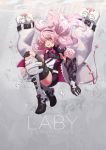  1girl :o absurdres black_gloves black_hairband black_shorts boots bubble character_name drakol elbow_gloves elsword eternity_winner_(elsword) full_body gloves grey_background hairband hand_on_own_knee highres jacket_on_shoulders knee_boots laby_(elsword) long_hair open_mouth pink_eyes pink_hair shorts shoulder_pads underwater 