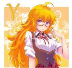  1girl ahoge blonde_hair blouse bodice breasts glasses highres iesupa large_breasts long_hair neck_ribbon plaid plaid_skirt ribbon rwby school_uniform skirt solo wavy_hair white_blouse yang_xiao_long 