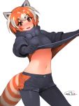  1girl animal_ears black_bow black_gloves black_legwear black_skirt blush bow bowtie breasts brown_eyes commentary_request dated eyebrows_visible_through_hair fur-trimmed_sleeves fur_collar fur_trim gloves happa_(cloverppd) kemono_friends legwear_under_shorts lesser_panda_(kemono_friends) lifted_by_self long_sleeves looking_at_viewer medium_breasts multicolored_hair navel open_mouth orange_hair panda_ears panda_tail pantyhose shirt_lift short_hair shorts silver_hair simple_background skirt smile solo tail under_boob white_background 