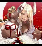  1girl ass bell blonde_hair boar breasts cleavage dark_skin draph fur_trim gloves granblue_fantasy highres horns kuvira_(granblue_fantasy) large_breasts lying off_shoulder on_stomach rilmok shorts white_gloves wide_sleeves yellow_eyes 