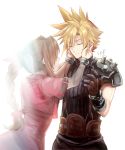  1boy 1girl aerith_gainsborough bow braid brown_hair closed_mouth cloud_strife commentary_request cropped_jacket dress final_fantasy final_fantasy_vii hair_ribbon long_dress long_hair pink_bow pink_dress ponytail ribbon sasanomesi simple_background single_braid spiky_hair white_background 