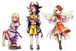  3girls :d animal animal_on_head barefoot barefoot_sandals bird bird_on_head bird_tail bird_wings black_hair blonde_hair boots breasts brown_eyes chicken cleavage commentary cow_horns cow_tail dark_skin dress ebisu_eika english_commentary eyebrows_visible_through_hair frilled_shirt frilled_skirt frills full_body grey_hair hand_on_own_knee highres horns long_hair looking_at_viewer medium_hair midriff multicolored_hair multiple_girls navel niwatari_kutaka on_head open_mouth orange_dress outstretched_arm pants parted_lips puffy_short_sleeves puffy_sleeves red_eyes redhead shirt short_hair short_sleeves sitting skirt smile speckticuls standing standing_on_one_leg stone tail touhou transparent_background two-tone_hair ushizaki_urumi wide_sleeves wily_beast_and_weakest_creature wings yellow_pants 