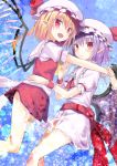  2girls :d ascot bat_wings blonde_hair blush commentary_request crystal eyebrows_visible_through_hair fang flandre_scarlet hat kuchitaka looking_at_viewer multiple_girls open_mouth pointy_ears puffy_short_sleeves puffy_sleeves purple_hair red_eyes red_neckwear remilia_scarlet short_hair short_sleeves siblings side_ponytail sisters smile touhou white_headwear wings wrist_cuffs yellow_neckwear 