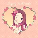 1girl ;) agata_(agatha) bare_shoulders blush closed_mouth collarbone commentary_request flower flower_bracelet forehead frills hair_flower hair_ornament hair_ribbon hand_on_own_cheek happy_birthday heart idolmaster idolmaster_(classic) long_hair looking_at_viewer minase_iori one_eye_closed pink_background pink_flower pink_ribbon pink_rose polka_dot polka_dot_background purple_hair red_flower red_rose ribbon rose single_strap smile solo tareme upper_body violet_eyes white_flower white_rose 