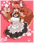  1girl absurdres alternate_costume animal_ear_fluff animal_ears apron bell bell_collar breasts cat_paws cleavage collar commentary enmaided fangs fate/grand_order fate_(series) fox_ears fox_girl fox_tail gloves hair_ribbon highres jingle_bell large_breasts long_hair looking_at_viewer maid maid_apron maid_headdress open_mouth paw_gloves paws pink_hair ponytail red_ribbon ribbon solo tail tamamo_(fate)_(all) tamamo_cat_(fate) waist_apron yellow_eyes 