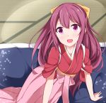  1girl acchii_(akina) all_fours arm_support bow commentary_request feet_out_of_frame futon hair_bow hakama highres japanese_clothes kamikaze_(kantai_collection) kantai_collection kimono long_hair meiji_schoolgirl_uniform open_mouth pink_hakama purple_hair red_kimono smile solo tasuki tatami violet_eyes yellow_bow 