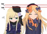  2girls ^_^ abigail_williams_(fate/grand_order) absurdres atsumisu bangs black_bow black_dress black_gloves black_headwear blonde_hair blue_coat blush bow closed_eyes closed_eyes closed_mouth commentary_request crossed_arms dress eyebrows_visible_through_hair facing_viewer fate/grand_order fate_(series) forehead fur_collar gloves green_eyes hair_bow hat highres long_hair long_sleeves looking_at_another looking_to_the_side lord_el-melloi_ii_case_files multiple_girls orange_bow parted_bangs parted_lips polka_dot polka_dot_bow reines_el-melloi_archisorte simple_background smile squiggle tilted_headwear very_long_hair white_background 