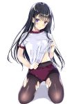  1girl :o black_hair breasts commentary_request covered_navel eyebrows_visible_through_hair full_body gym_shirt gym_uniform hair_ornament hairclip head_tilt highres kneeling kobayashi_chisato lifted_by_self long_hair looking_at_viewer original pantyhose pantyhose_under_buruma parted_lips purple_buruma shiny shiny_hair shirt shirt_lift short_sleeves simple_background small_breasts solo straight_hair thighband_pantyhose torn_clothes torn_legwear very_long_hair violet_eyes white_background 