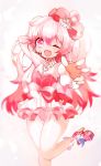  1girl ;d alternate_costume bow cowboy_shot dress elsword frills hair_between_eyes hair_bow headset highres idol laby_(elsword) long_hair looking_at_viewer one_eye_closed open_mouth pink_bow pink_dress pink_eyes pink_footwear pink_hair pink_theme seu_9(banya) shoes simple_background smile solo standing standing_on_one_leg waist_bow white_background 