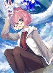  1girl :o animal animal_on_head black-framed_eyewear blue_sky brown_legwear clouds day eyebrows_visible_through_hair fate/grand_order fate_(series) fou_(fate/grand_order) glasses highres kurokuro_illust long_sleeves looking_at_viewer mash_kyrielight necktie on_head open_mouth pantyhose pink_hair red_neckwear short_hair sky violet_eyes 