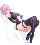  1girl alraco bare_shoulders black_gloves breasts elbow_gloves fate/grand_order fate_(series) gloves hair_over_one_eye highres large_breasts leotard looking_at_viewer mash_kyrielight multicolored multicolored_clothes navel navel_cutout pink_hair short_hair solo teeth thigh_strap violet_eyes 