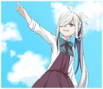  1girl ahoge asashimo_(kantai_collection) blue_sky bow bowtie clouds from_below grey_eyes grin hair_over_one_eye halterneck kantai_collection long_hair long_sleeves moti_coi pointing ponytail school_uniform sharp_teeth shirt silver_hair sky smile solo teeth white_shirt 