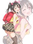  1girl ;d backpack bag black_hair bow from_side grey_legwear hair_bow halterneck leaning_forward long_hair looking_at_viewer love_live! love_live!_school_idol_project miniskirt one_eye_closed open_mouth pink_bow plaid plaid_skirt randoseru red_background red_eyes ribbon shiny shiny_hair shirt skirt sleeveless sleeveless_shirt smile solo standing tetopetesone thigh-highs twintails white_background yazawa_nico yellow_ribbon yellow_shirt zettai_ryouiki zoom_layer 
