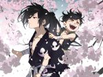  1boy 1girl bandage barefoot black_hair brown_eyes carrying cherry_blossoms child closed_mouth dororo_(character) dororo_(tezuka) hyakkimaru_(dororo) japanese_clothes open_mouth petals piggyback ponytail ringorenji smile twitter_username 