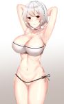  1girl absurdres armpits arms_behind_head arms_up azur_lane bangs bikini black_hairband blush breasts cleavage closed_mouth collarbone covered_nipples eyebrows_visible_through_hair frilled_hairband frills gradient gradient_background grey_background groin hair_between_eyes hair_intakes hairband highres large_breasts legs_together light_smile looking_at_viewer navel qqq red_eyes short_hair side-tie_bikini silver_hair sirius_(azur_lane) solo standing string swimsuit tachi-e thick_thighs thighs white_background white_bikini_bottom white_frills 